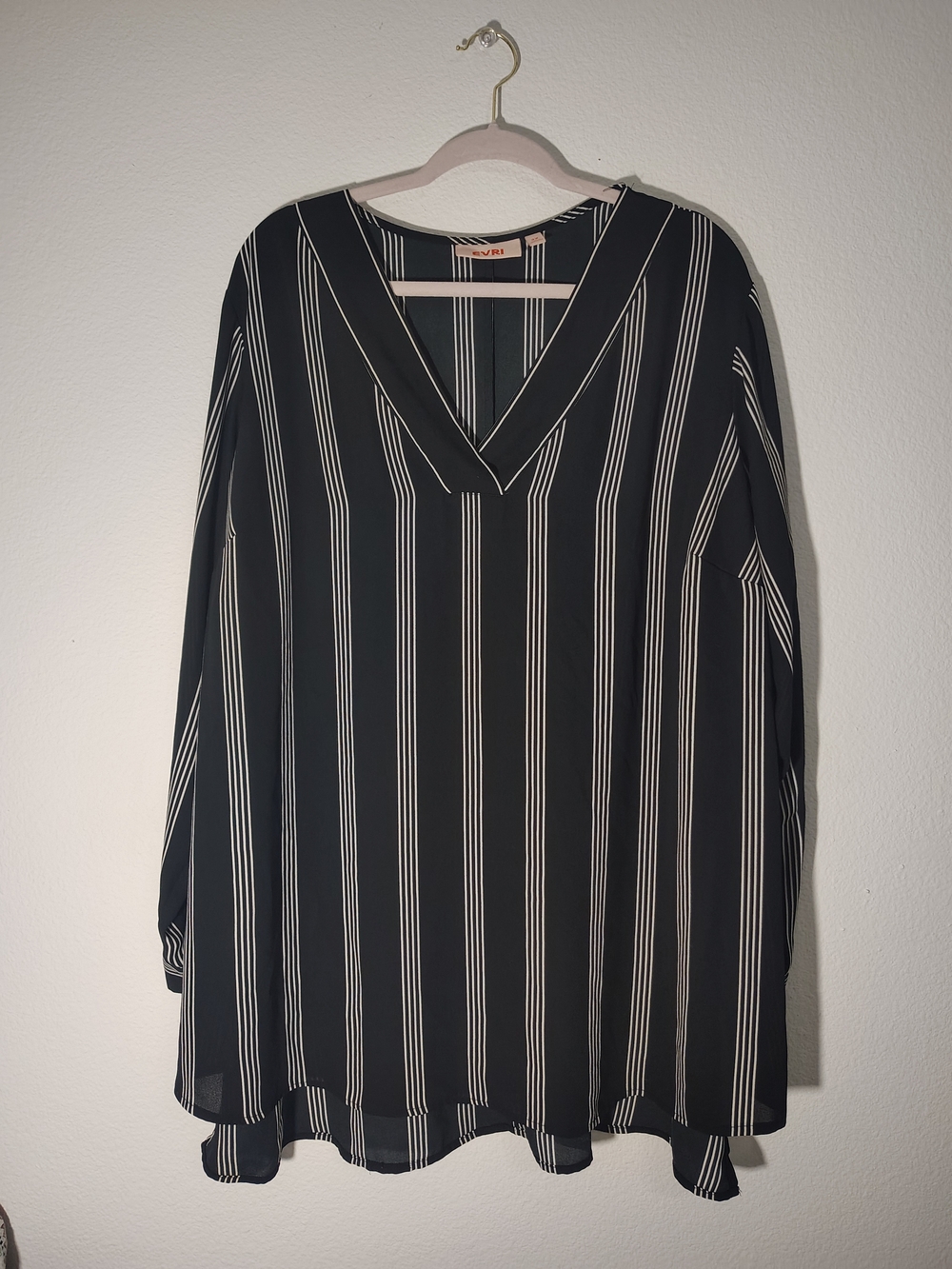 EVRI Black and White Vertical Stripe V-Neck Tunic